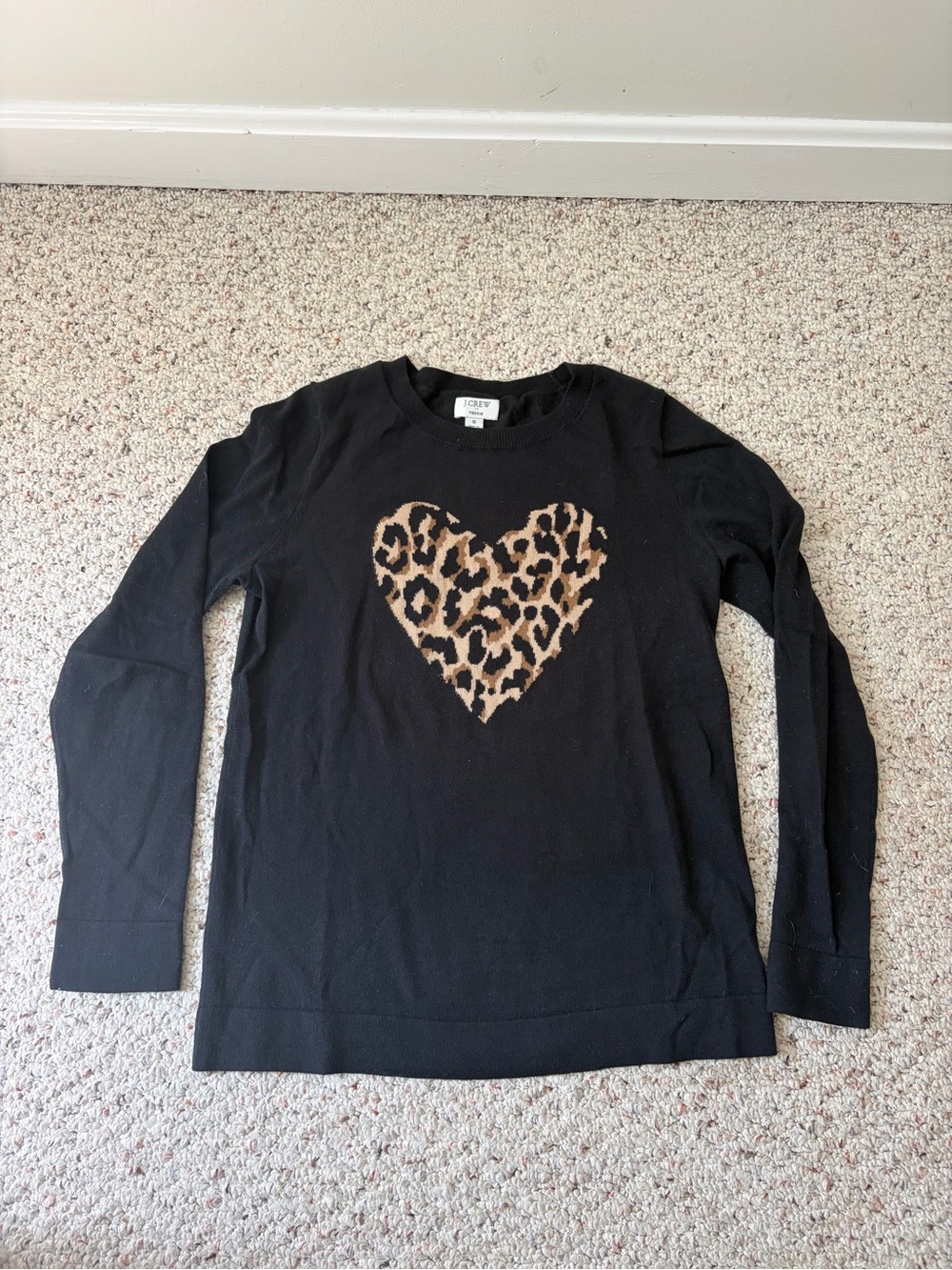 J. Crew Teddie Black Women's Crewneck Sweater with Leopard Heart
